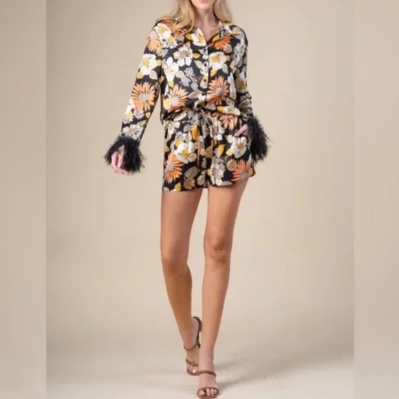 Azura Other - Vintage Retro Front Button Shirt w/ Faux Fur Trim & Shorts Set, Pre-Loved, Sz. L